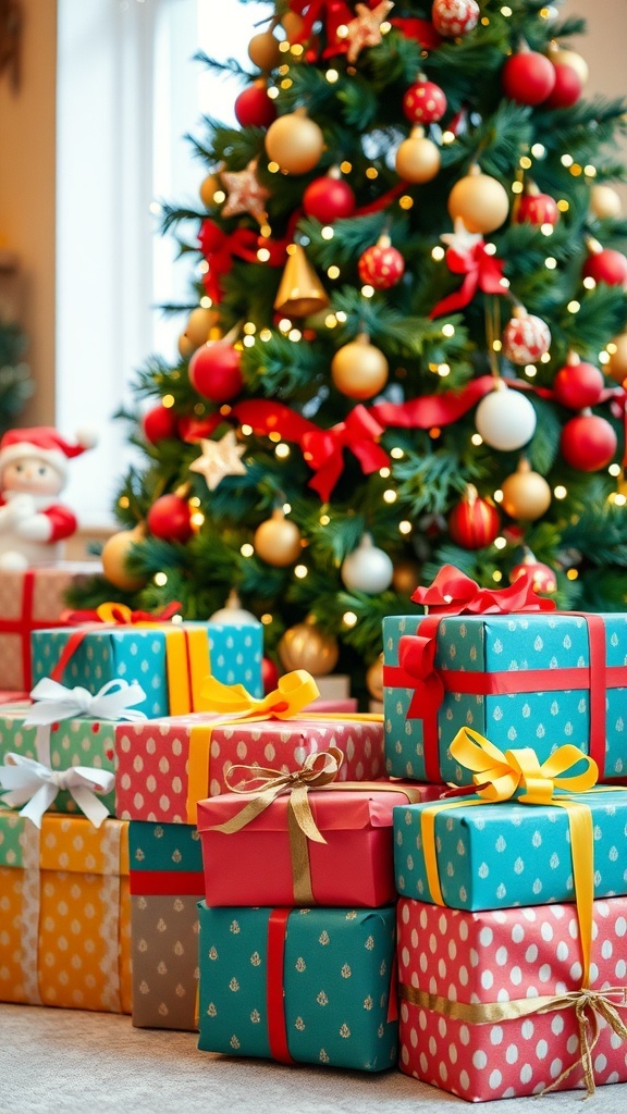 Organized Christmas gifts under a decorated tree, wrapped in colorful paper.